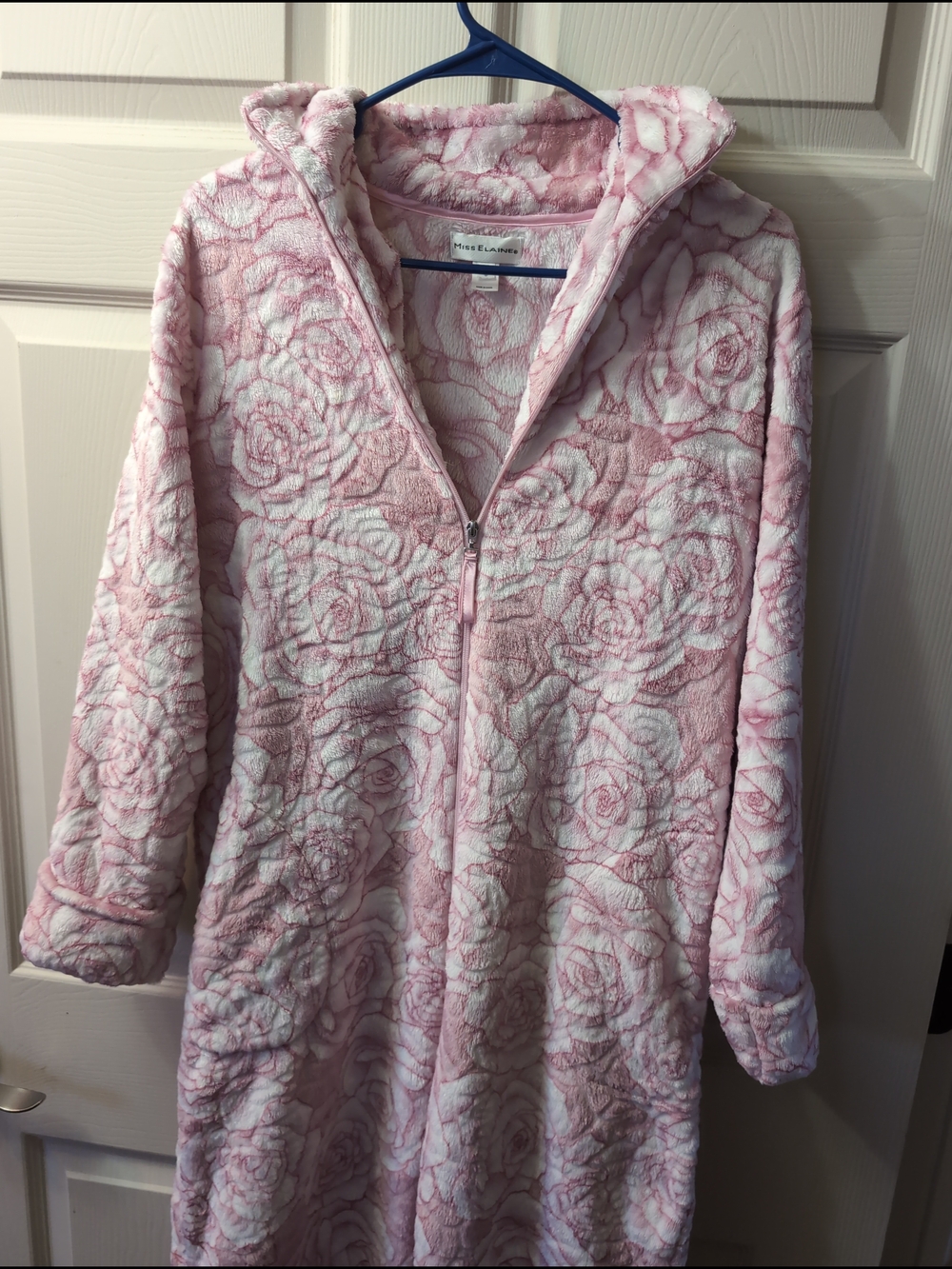 Miss Elaine Pink Rose-Print Plush Hooded Zip-Front Robe